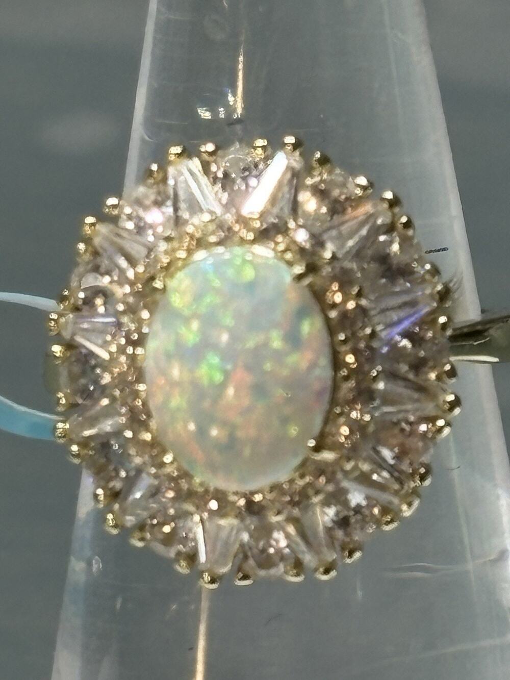 925 sterling silver Opal 14kt Gold Over CZ Ring Sz 6